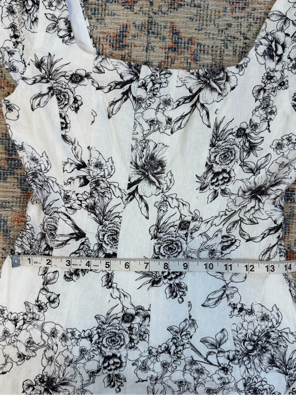 Linen Blend Bagatelle Artsy Boho Euro Summer White Black Floral Midi SunDress 6 - Picture 10 of 12